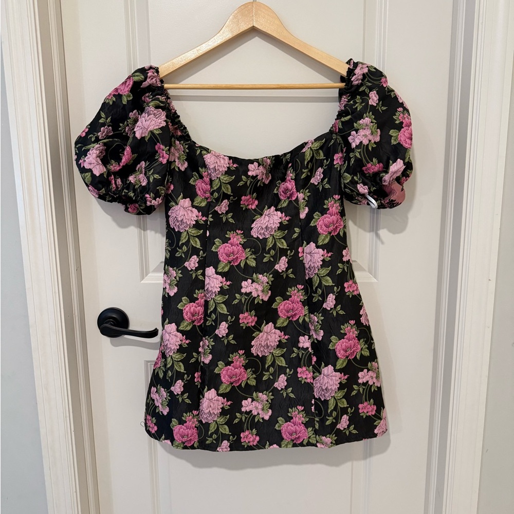 Lulu's Black and Pink Floral Puff Sleeve Blouse